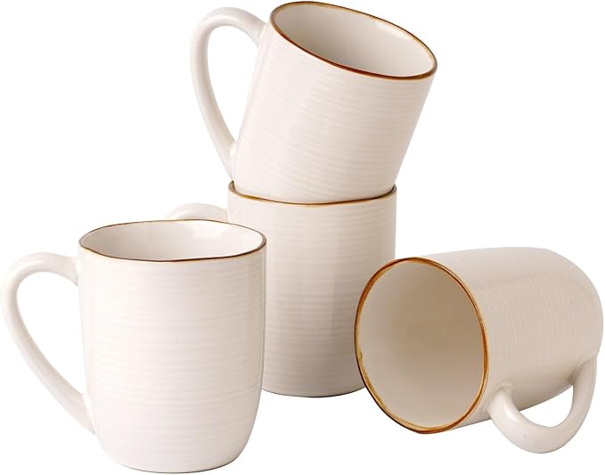 famiware Tempus Coffee Mugs Set of 4, 14 oz Coffee Cup Set, Stoneware Mugs with Handle for Coffee, Tea, Cocoa, Milk, Cappuccino, Microwave Safe - Antique White by Famiware