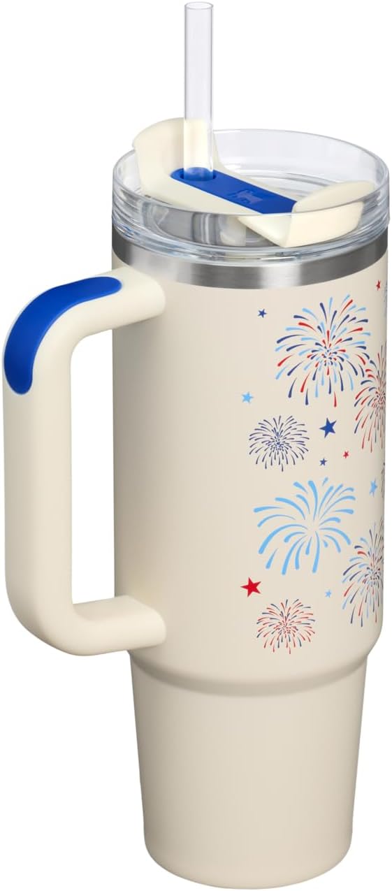 STANLEY Quencher H2.0 Flow State Tumbler, 30 oz, Cream Royal Fireworks | Handle and Straw | 3-Position Lid | Cup Holder Compatible for Travel | Insulated Stainless Steel Cup | BPA-Free - Image 3