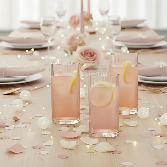 Physkoa Peach Ribbed Drinking Glasses Set of 6 – Vintage Embossed Highball Glassware, Thick Premium Tumbler Cups for Water, Cocktails, Iced Coffee, Modern Kitchen Bar Gift Set - Image 5