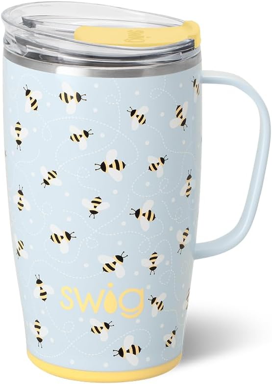 Swig Life 18oz Insulated Travel Mug with Handle & Lid, Busy Bee | Triple Insulated Stainless Steel - Handle & Lid Included - Keeps Coffee Hot or Cold - Cup Holder Friendly by SwigLife