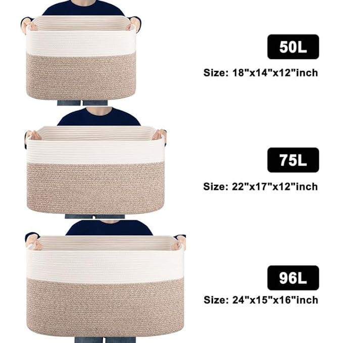 75L Large Blanket Basket, Toy Basket Bin for Kids, Cotton Rope Woven Storage Basket for Living Room, Nursery, Baby Room Decorative Organizer, 22''×17''×12'', Brown and White