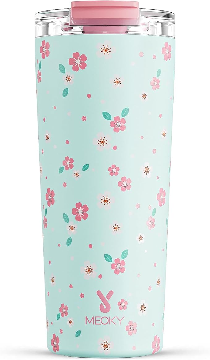 Meoky 24 oz Insulated Travel Coffee Mug: Leak Proof Lid, Mint Petal | Stainless Steel Coffee Tumbler, Keeps Hot for 8 Hours or Cold for 24 Hours, Fits in Car Cup Holder, BPA Free by MEOKY