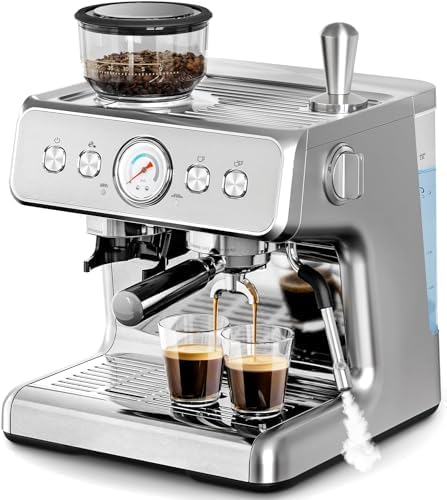 Kismile 15 Bar Espresso Machine with Built-in Grinder and Milk Frother, Automatic Coffee Maker for Home Latte & Cappuccino