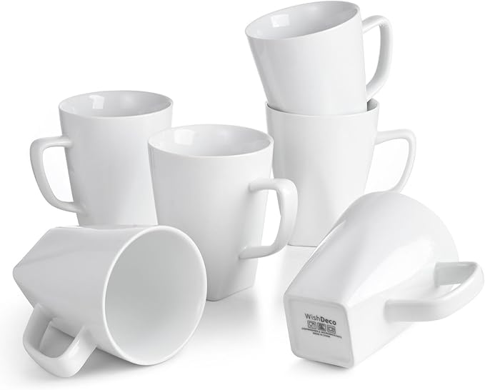 WishDeco White Coffee Mugs Set of 6, Ceramic Coffee Cups 14 oz, Modern Tea Mugs, Porcelain Tea Cups, Large Mug for Latte, Cappuccino, Milk, Juice, Cocoa, Square Bottom, Microwave and Dishwasher Safe by WishDeco