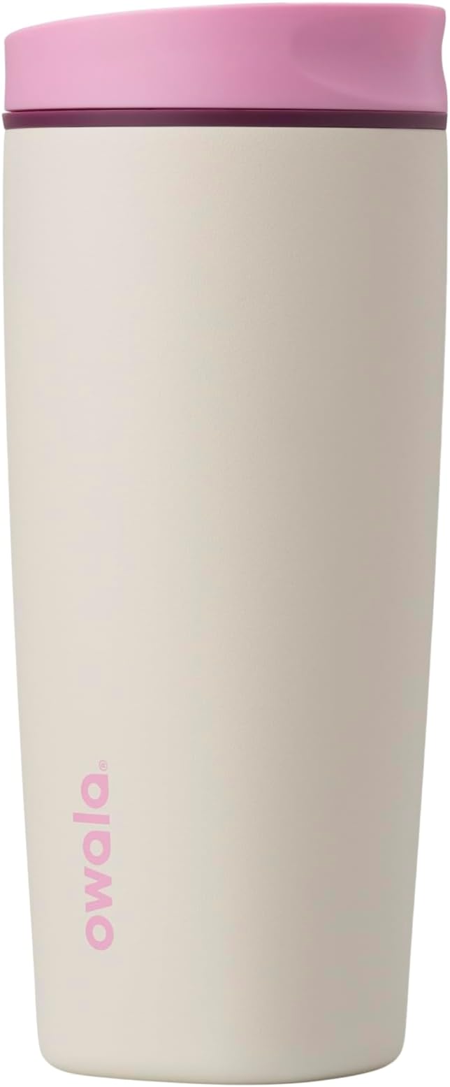 Owala SmoothSip Slider Insulated Stainless Steel Coffee Tumbler, Reusable Iced Coffee Cup, Hot Coffee Travel Mug, BPA Free 20 oz, Pink/Tan (Daybreak) by Unknown