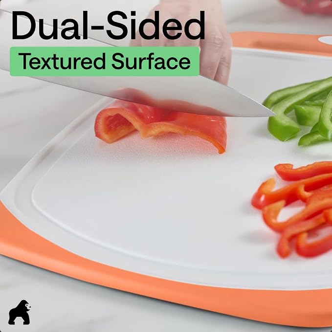 GORILLA GRIP BPA-Free Reversible Kitchen Cutting Board Set of 3 US Designed, Nonporous, Juice Grooves Catch Liquid, Slip Resistant Border, Dishwasher Safe Large Food Chopping Boards, Lime Orange Lemon - Image 6
