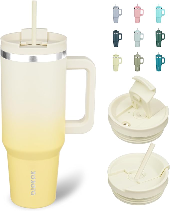 BJPKPK 40 oz Insulated Tumbler with Handle & Straw, Stainless Steel | Double Wall Vacuum Insulation, Leak Proof, BPA Free, Dishwasher Safe, Cupholder Friendly, Travel & Outdoor, Lemon by BJPKPK