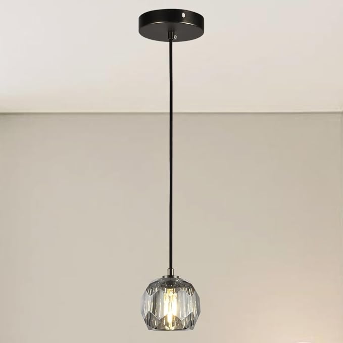 Crystal Pendant Light Fixture, Modern Black Pendant Light Kitchen Lighting, Small Crystal Pendant Island Hanging Light for Kitchen Dining Room by Cameena
