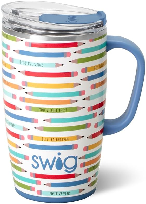 Swig Life 18oz Insulated Travel Mug with Handle & Lid, Teacher Life | Triple Insulated Stainless Steel - Handle & Lid Included - Keeps Coffee Hot or Cold - Cup Holder Friendly by SwigLife