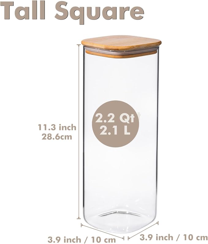 3-Pack 2.2Qt Square Glass Spaghetti Jars with Bamboo Lids | Minimalist Kitchen Organizer,Scandinavian Style Storage,Nordic Style Storage,Food Storage Canister for Pasta, Penne, Macaroni - Image 2