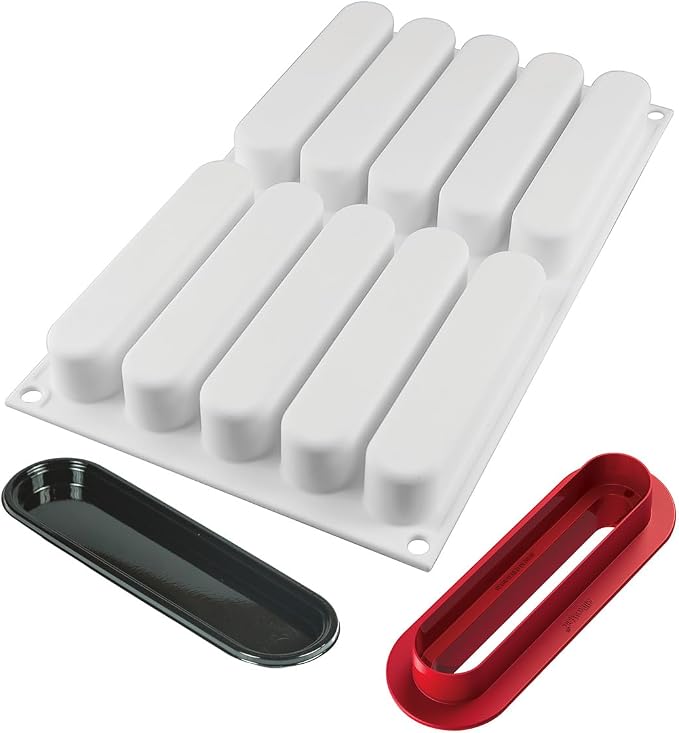 Silikomart FASHION ECLAIR 80 Silicone Mold – 10 Cavities – 5 1/8" x 1" x 1" – Includes Plastic Cutter & 10 Mini Trays – Perfect for Eclairs and Pastry Creations - Image 2