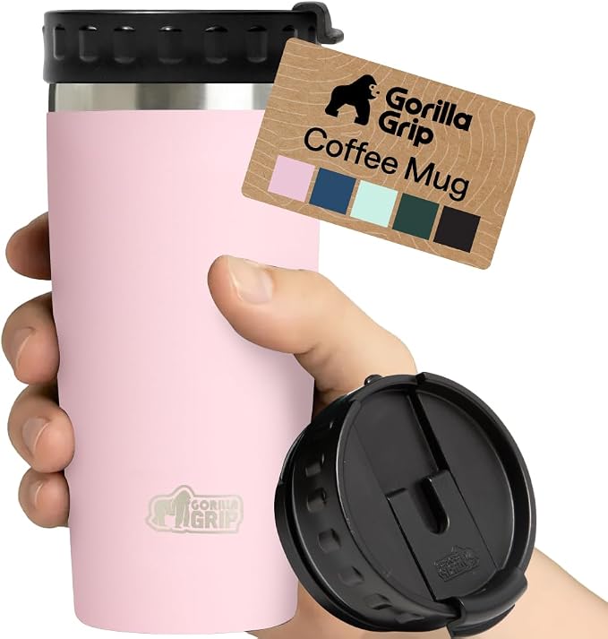 GORILLA GRIP 304 Stainless Steel Double Insulated Travel Coffee Mug, Leakproof Lid with Smooth Sip Top, Prevent Spills, Dent & Rust Resistant Reusable Tumbler Cup, Thermal Mugs for Drinks, 20oz, Pink by Unknown