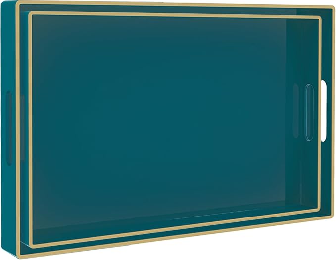 MAONAME Green Serving Tray with Handles, Plastic Decorative Tray Set of 2 | Decorative Tray for Coffee Table, Modern Ottoman Tray, Rectangle Melamine Tray for Living Room, 15.8"L x 10.2"W x 1.4"H by MAONAME