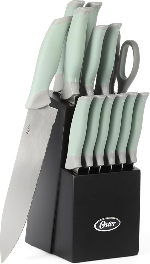 Oster Lindbergh 14 Piece Stainless Steel Kitchen Knife Block Set - Sage Green W/Black Knife Block - Cuchillos Para Cocina by Unknown