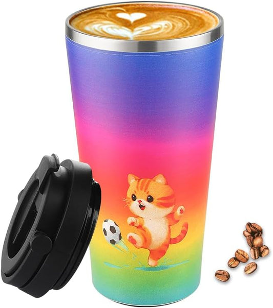 Funkrin Insulated Coffee Mug with Ceramic Coating, 16oz Iced Coffee Tumbler Cup with Flip Lid and Handle, Double Wall Vacuum Leak-Proof Travel Mug for Office School Party Camping by Funkrin