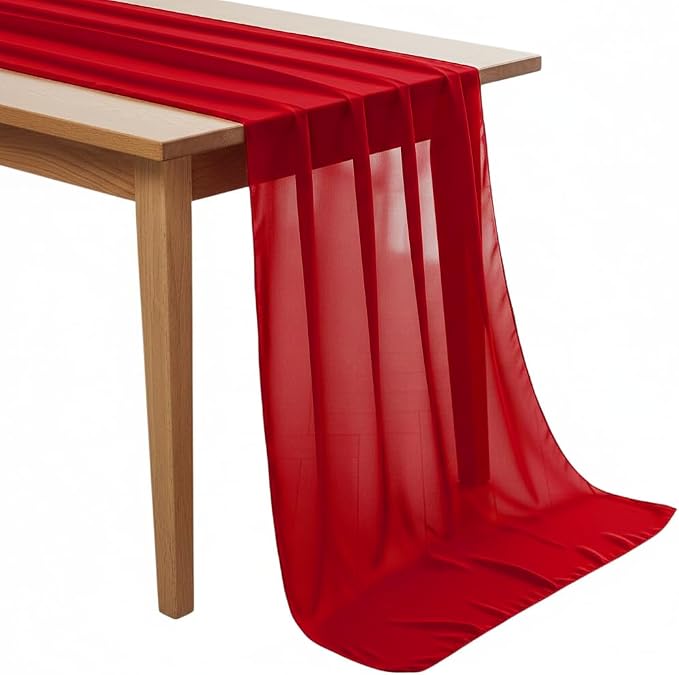 Pack of 5 | Red | 14ft Chiffon Table Runner 29x170 Inches Long Romantic Rustic Sheer Gauze Runner for Wedding Bridal Shower Birthday Banquets Engagement Spring Easter Boho Decorations by MDS