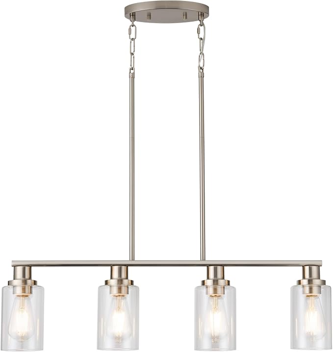 Kitchen Island Lighting, 4-Light Farmhouse Dining Room Light Fixtures Over Table, Linear Chandelier Pendant Lighting for Kitchen Island for Brushed Nickel Finish with Clear Glass Shade by KPIOK