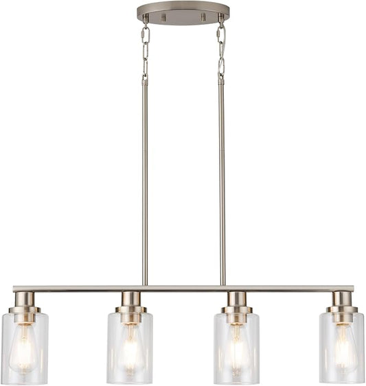 Kitchen Island Lighting, 4-Light Farmhouse Dining Room Light Fixtures Over Table, Linear Chandelier Pendant Lighting for Kitchen Island for Brushed Nickel Finish with Clear Glass Shade by KPIOK
