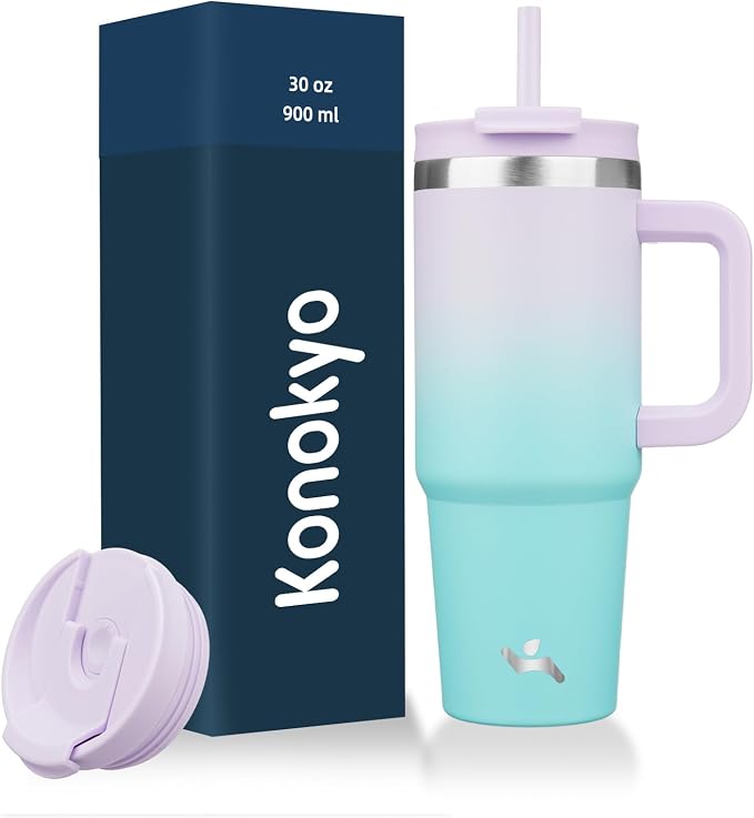 Konokyo 30 oz Insulated Tumbler Water Bottle with Handle, Straw Lid | BPA-free and dishwasher safe; made for gym, travel, coffee and gifting, 2 straws, cup holder friendly,Lavender Green by Konokyo