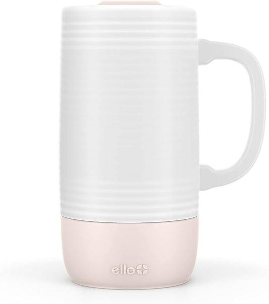 Ello Jane 18oz Ceramic Travel Mug with Handle and Built-In Coaster, Sandbar | Splash-resistant ceramic coffee tumbler with handle and silicone base. BPA-free, great for hot drinks, tea, and gifting. by Ello