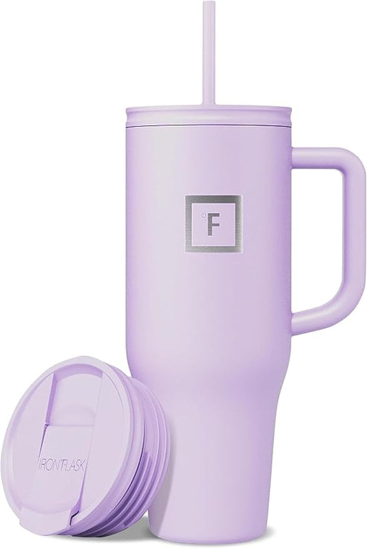 IRON °FLASK 40 oz Co-Pilot Insulated Travel Mug | Insulated Travel Mug with Straw & Flip Cap Lids - Cup Holder Fit, Leakproof, BPA Free (Lavender) by IronFlask