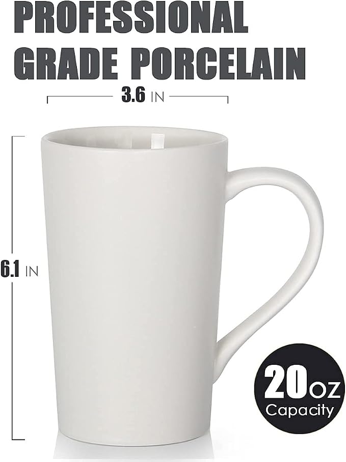 20 oz Large Coffee Mugs, M007 Tall Ceramic Cup with Handle for Dad Men, Set of 2, White - Image 2