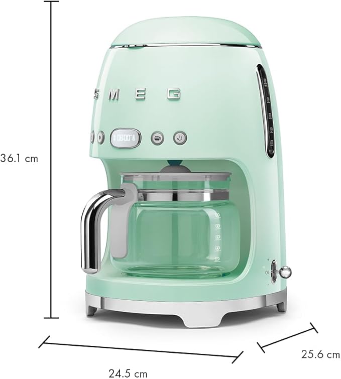 Smeg 50's Retro Style Aesthetic Drip Coffee Machine with 10 Cup Glass Carafe, Auto Start Feature, Keep Warm Plate, and Two Coffee Strength Settings (Pastel Green) - Image 9