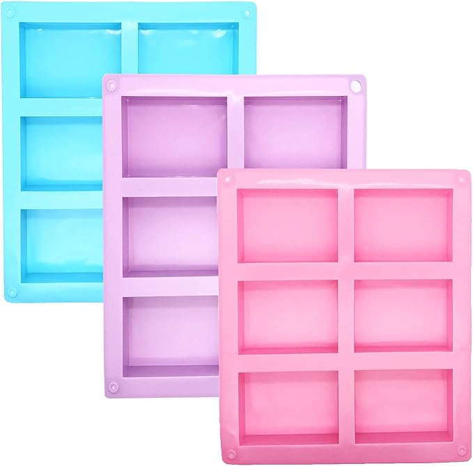 3 Pack Silicone Soap Molds 6 Cavity Rectangle for Craft Soap, Muffin, Loaf, Cornbread, Cake, Chocolate & Ice Cube Trays (Blue, Pink, Purple)