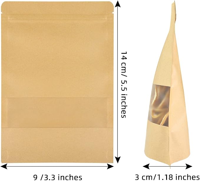 100 Pcs Kraft Stand Up Pouches 3.5 x 5.5 Inch Resealable Food Storage Bags with Matte Window for Packaging - Image 2