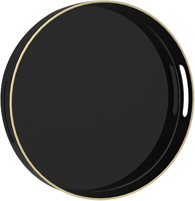 MAONAME 13" Black Decorative Tray, Plastic Round Serving Tray with Handles | Decorative Tray for Coffee Table, Modern Ottoman Tray, Circle Tea Tray, Round Melamine Tray for Living Room, Bathroom by MAONAME