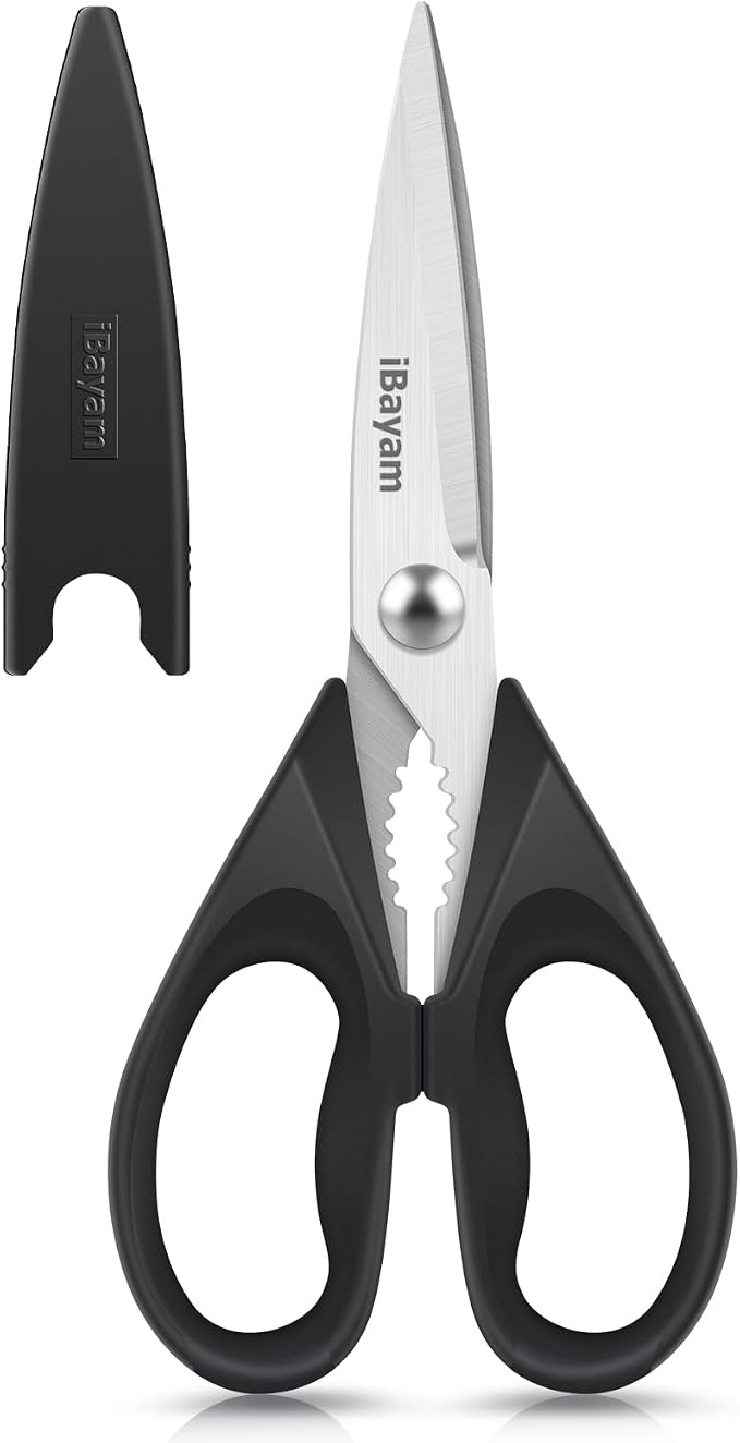 iBayam All Purpose Kitchen Shears with Protective Sheath, Black, 8.7 inch | Durable Stainless Steel Scissors, Dishwasher Safe, Soft Grip Comfort Handle, Built-In Bottle Opener by iBayamDirect
