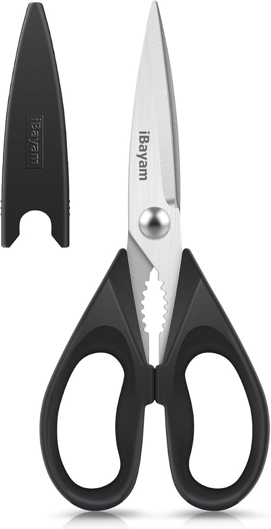 iBayam All Purpose Kitchen Shears with Protective Sheath, Black, 8.7 inch | Durable Stainless Steel Scissors, Dishwasher Safe, Soft Grip Comfort Handle, Built-In Bottle Opener by iBayamDirect