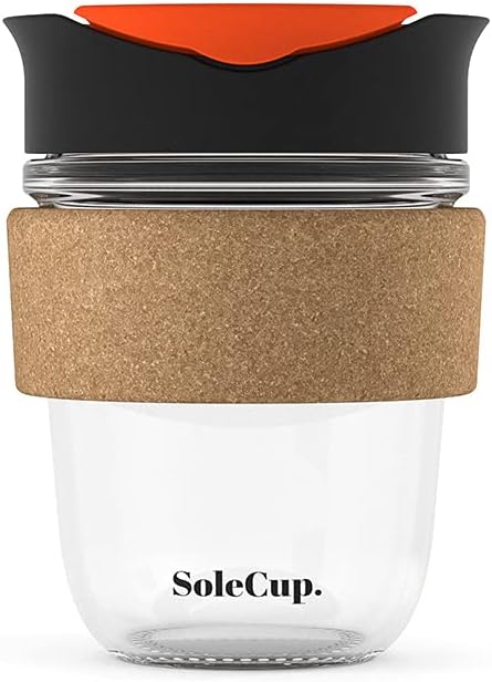 Reusable Strengthened Glass Travel Cup - Spill Proof Insulated Coffee Mug - 12oz/340ml BPA-Free Hot Drink Travel Mug with Lid & Cork Band (Black, 12oz)