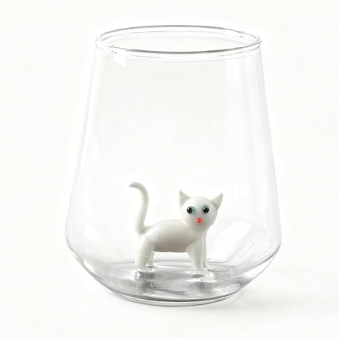 Cat Figurine Glass Cup 3D Animal Artisan Glassware Collection Handmade Cute Wine Cup Meow Garden Crystal Cat Tumbler Gothic Decorations Stemless Wineglass by Unknown