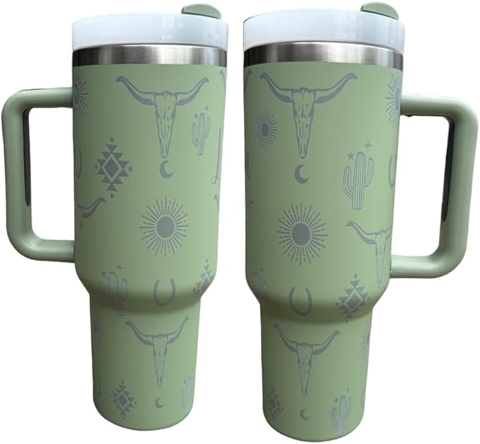 Western Engraved 40oz Tumbler, Tumbler with handle, Cowgirl Tumbler, Country Mug with Handle (Sage-Longhorn)