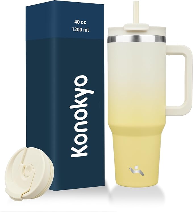 Konokyo 40 oz Insulated Tumbler Water Bottle with Handle, Straw Lid | BPA-free and dishwasher safe; made for gym, travel, coffee and gifting, 2 straws, cup holder friendly,Lemon by Konokyo