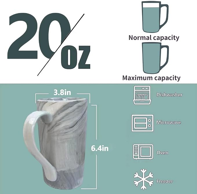 20 OZ Large Coffee Mugs, Grey Marble Ceramic Tall Beer Cups with Handle Set of 2 600 ml Oversized Porcelain Bulk Big Tea Cup for Men Women Gifts Mom and Dad - Image 2