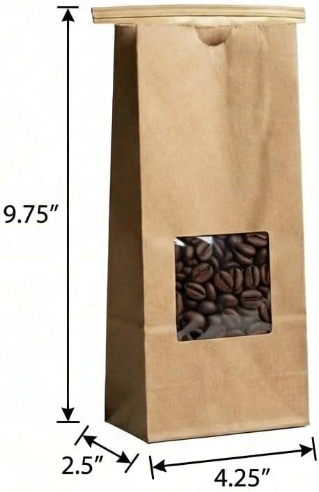AwePackage Compostable Natural Kraft Paper Tin Tie Bag with Window (50, 14-16 oz) - Image 2