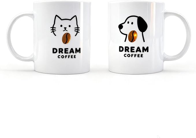 Coffee Mug Set of 2 Cute Cat and Dog Ceramic Coffee Mugs “Dream Coffee”Cute Animal Mugs Tea Cups - Gift For Pet Lovers, Pet Owners, Birthday or Holiday Gift by Unknown