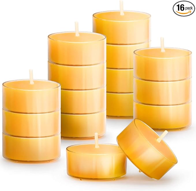 16PCS Pure Beeswax Tealight Candles, Natural Scent, Clear Cup