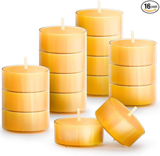 16PCS Pure Beeswax Tealight Candles, Natural Scent, Clear Cup