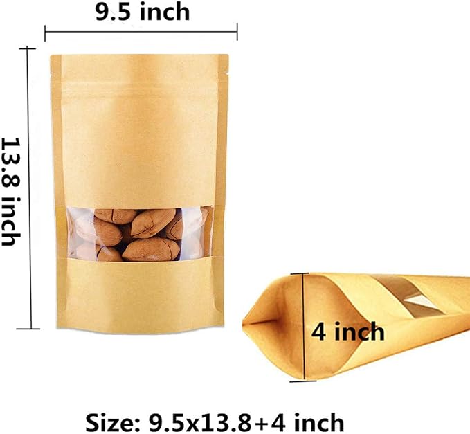 Kraft Heat Sealable Stand Up food Pouches Paper Mylar Bags With Clear Window And Zipper, Heavy Duty Decorative Resealable For DIY Homemade Chips Favor Candy Cookies Christmas (50pcs 9.5x13.8+4 inch) - Image 2