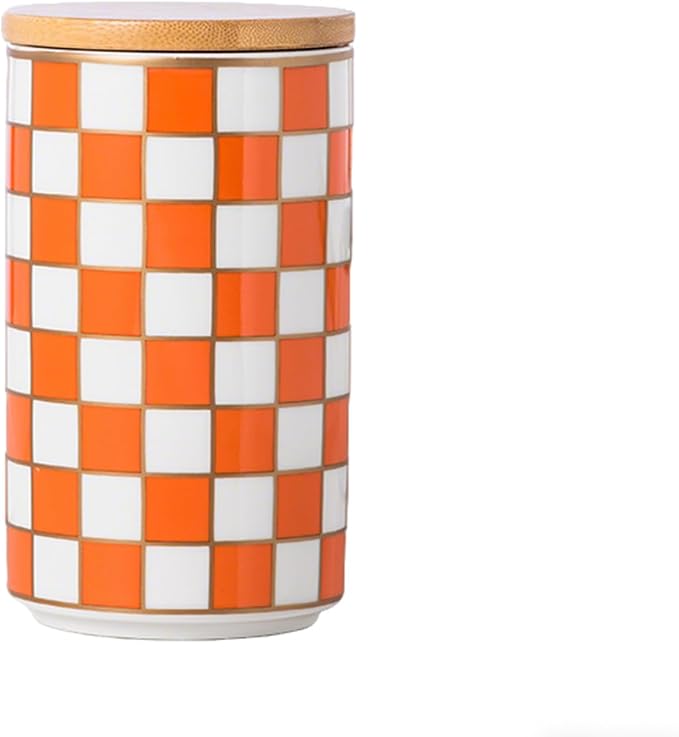 Kitchen Countertop Ceramic Checkered Canisters,Black And White Food Storage Containers With Lid,Airtight Kitchen Canisters for Flour, Sugar, Coffee, Tea, and Dry Goods (Orange, Large) by XYQXYQ
