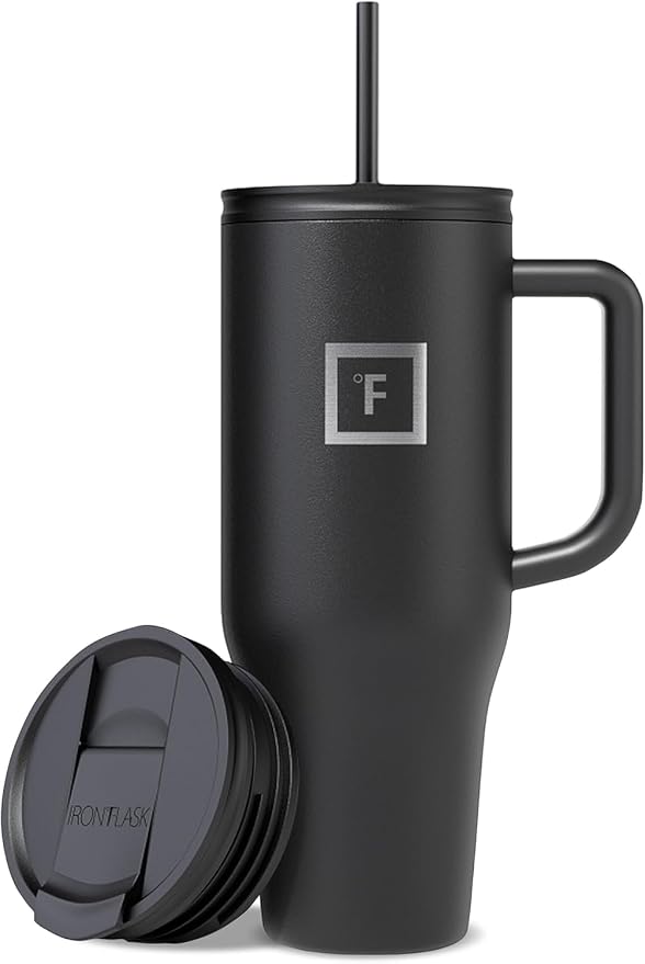 IRON °FLASK 40 oz Co-Pilot Insulated Travel Mug | Insulated Travel Mug with Straw & Flip Cap Lids - Cup Holder Fit, Leakproof, BPA Free (Midnight Black) by IronFlask