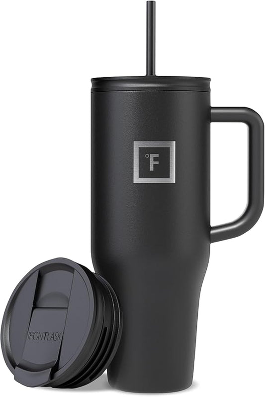 IRON °FLASK 40 oz Co-Pilot Insulated Travel Mug | Insulated Travel Mug with Straw & Flip Cap Lids - Cup Holder Fit, Leakproof, BPA Free (Midnight Black) by IronFlask