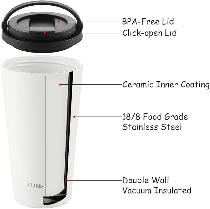 Funkrin Insulated Coffee Mug with Ceramic Coating, 16oz Iced Coffee Tumbler Cup with Flip Lid and Handle, Double Wall Vacuum Leak-Proof Travel Mug for Office School Party Camping - Image 6