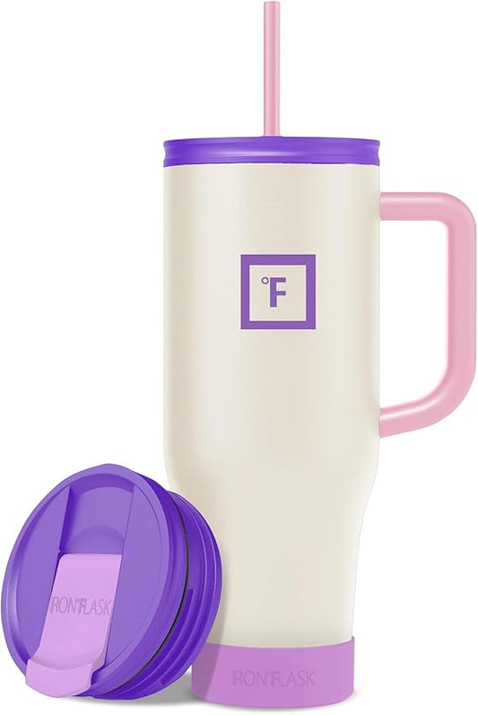IRON °FLASK 40 oz Co-Pilot Insulated Travel Mug | Insulated Travel Mug with Straw & Flip Cap Lids - Cup Holder Fit, Leakproof, BPA Free, Protective Boot (Cream & Berries) by IronFlask