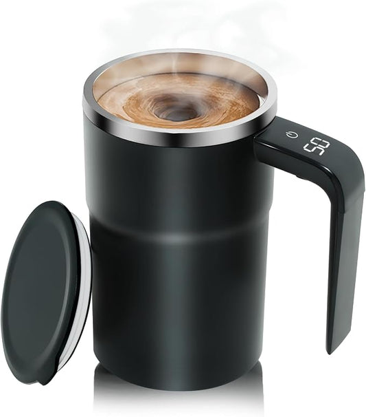 Self Stirring Coffee Mug 13 oz, Auto Mixing Cup With Lid And Touch Handle, Perfect Gifts For Man and Women (Onyx Black – 304 SS) by Unknown
