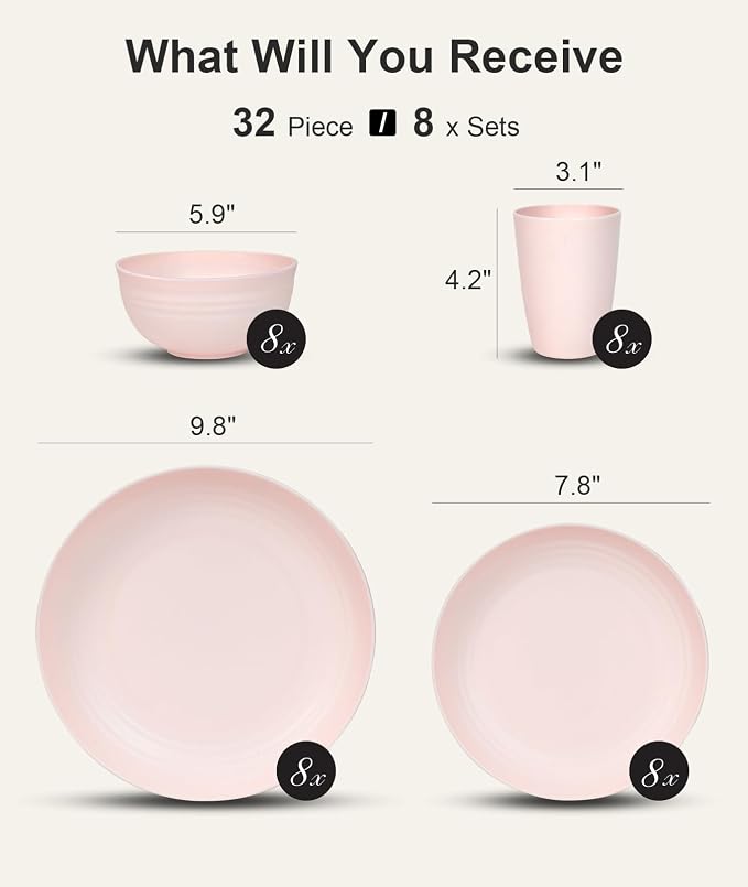 Quatish 32 Piece Plates and Bowls Sets for 8, Unbreakable Dinnerware Sets, Plastic Dish Set for Camping, Dishwasher Microwave Safe, Outdoor Kitchen and Apartment Dorm Dinning RV Essentials, Pink - Image 2