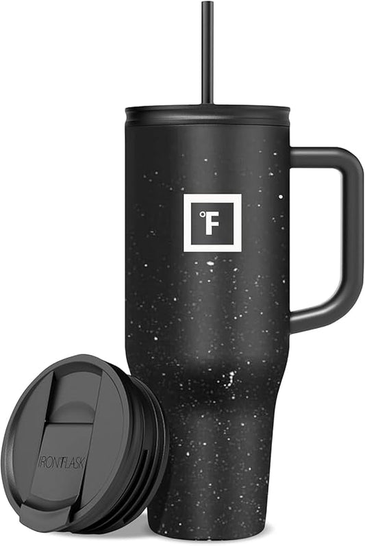 IRON °FLASK 40 oz Co-Pilot Insulated Travel Mug | Insulated Travel Mug with Straw & Flip Cap Lids - Cup Holder Fit, Leakproof, BPA Free (Black Speckle) by IronFlask